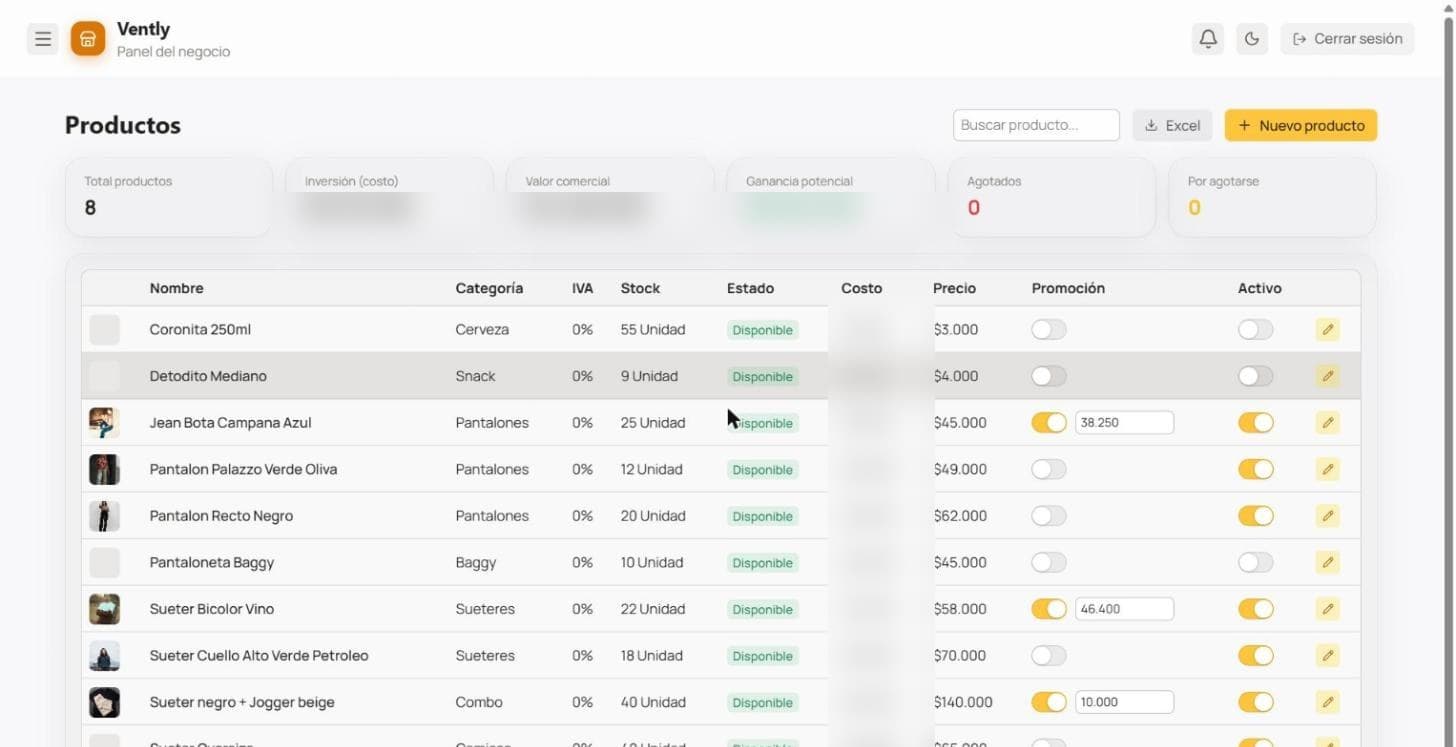 Panel de administración de Vently, con el inventario real de un negocio